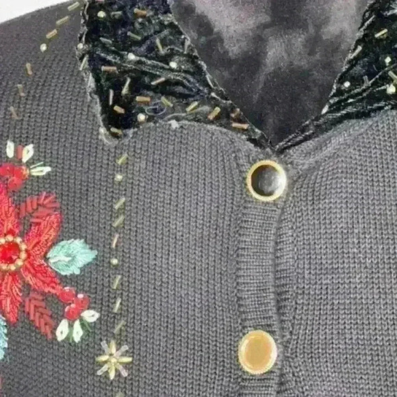 Theme Works by Kikit Cardigan Christmas Black Sequin Red Poinsettias - Picture 4 of 5